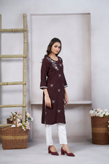 Women's Viscose Rayon Light Brown Floral Embroidery Kurti-AVT-S2091-Brown