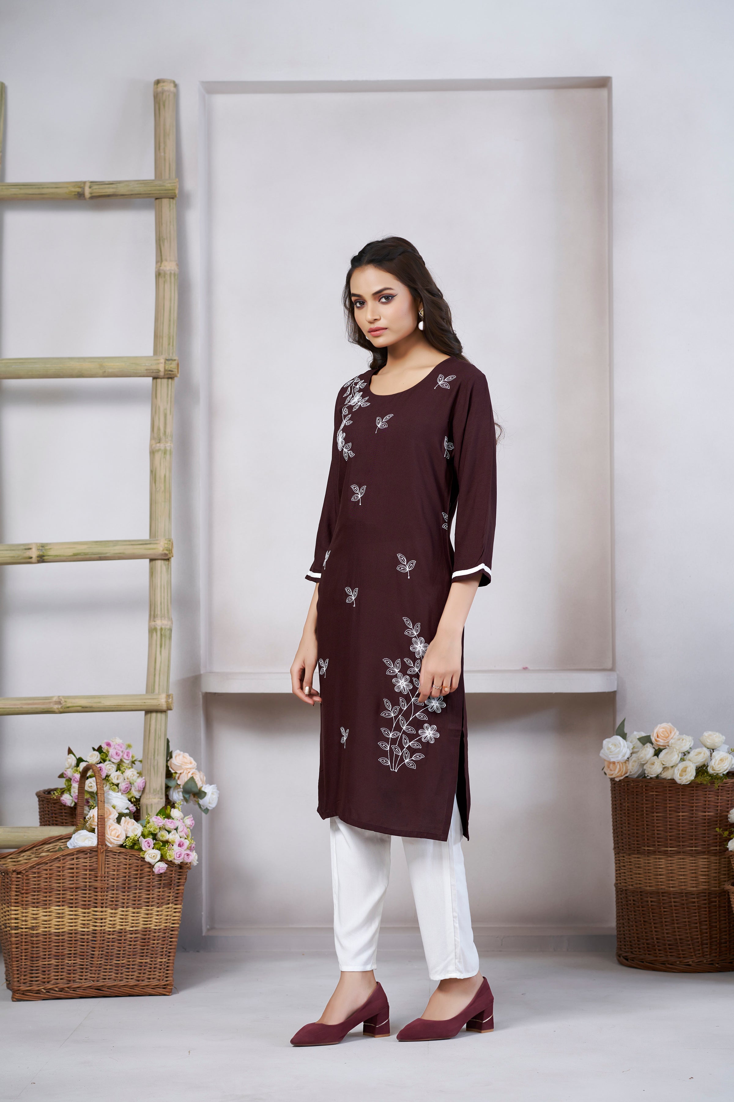 Women's Viscose Rayon Light Brown Floral Embroidery Kurti