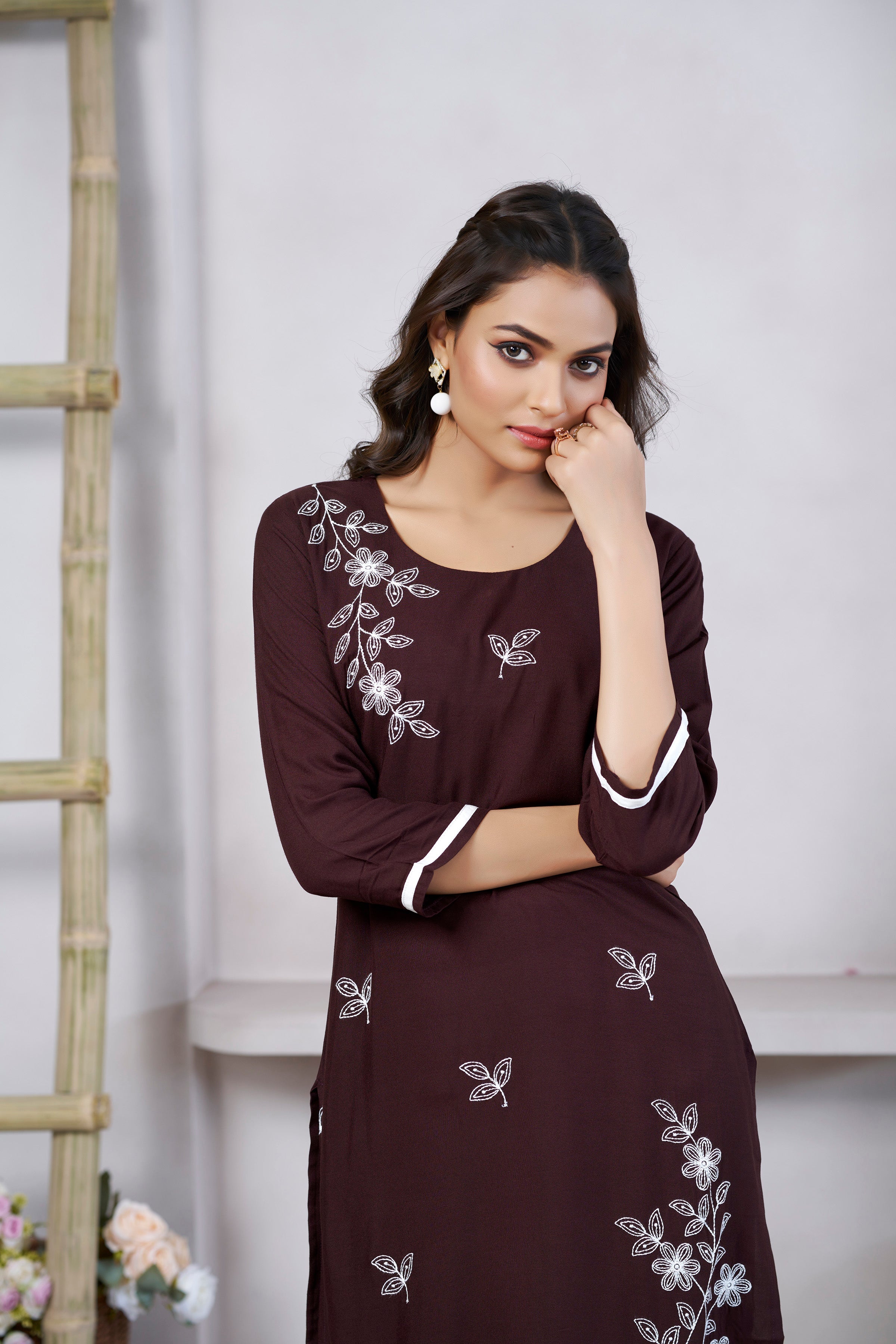 Women's Viscose Rayon Light Brown Floral Embroidery Kurti