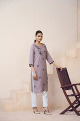 Women's Viscose Rayon Grey Floral Embroidery Kurti-AVT-S2092-Grey