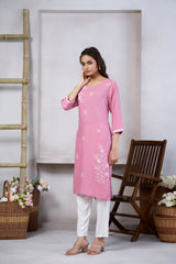 Women's Viscose Rayon Light Pink Floral Embroidery Kurti-AVT-S2093-LPink