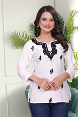 Women's Viscose Rayon Light Pink Floral Embroidery Tunic-AVT-TUNIC1-White