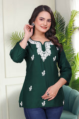 Women's Viscose Rayon Dark Green Floral Embroidery Tunic-AVT-TUNIC2-DGreen