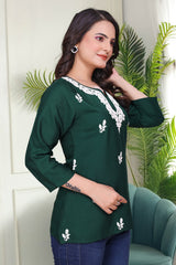 Women's Viscose Rayon Dark Green Floral Embroidery Tunic-AVT-TUNIC2-DGreen