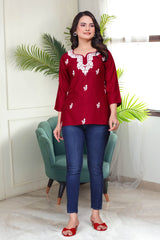 Women's Viscose Rayon Maroon Floral Embroidery Tunic-AVT-TUNIC3-Maroon