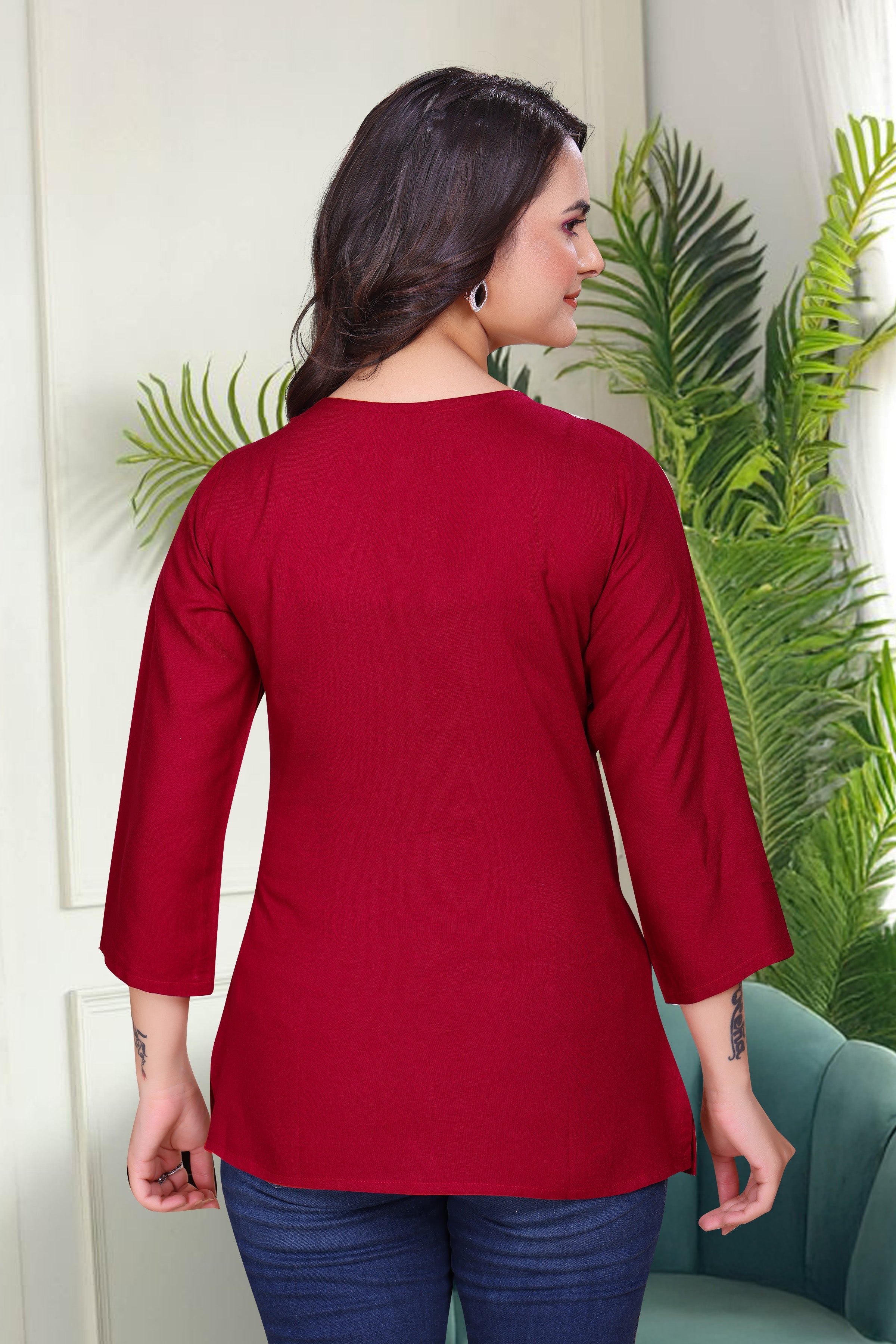 Women's Viscose Rayon Maroon Floral Embroidery Tunic