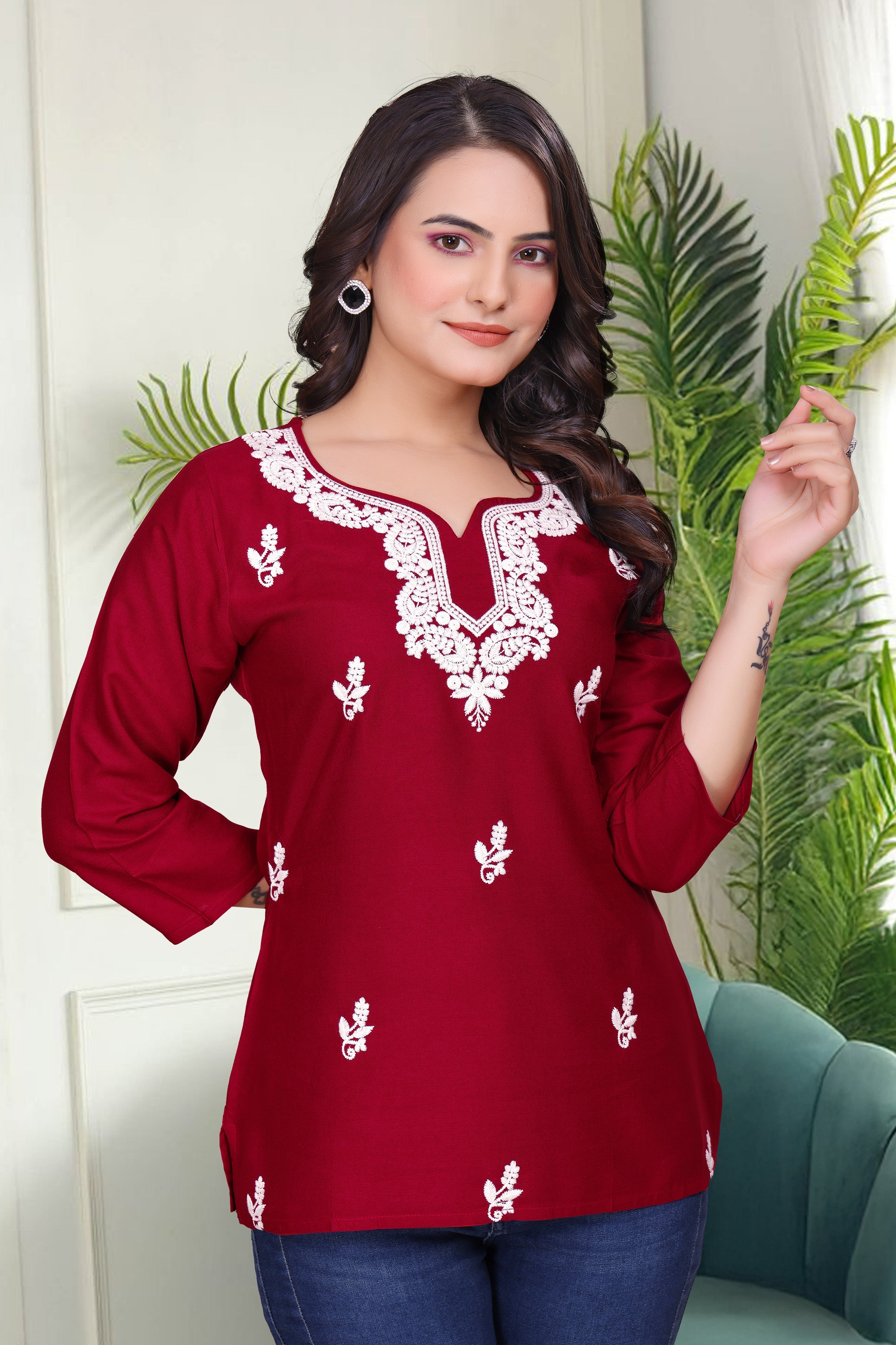 Women's Viscose Rayon Maroon Floral Embroidery Tunic