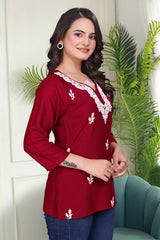 Women's Viscose Rayon Maroon Floral Embroidery Tunic-AVT-TUNIC3-Maroon