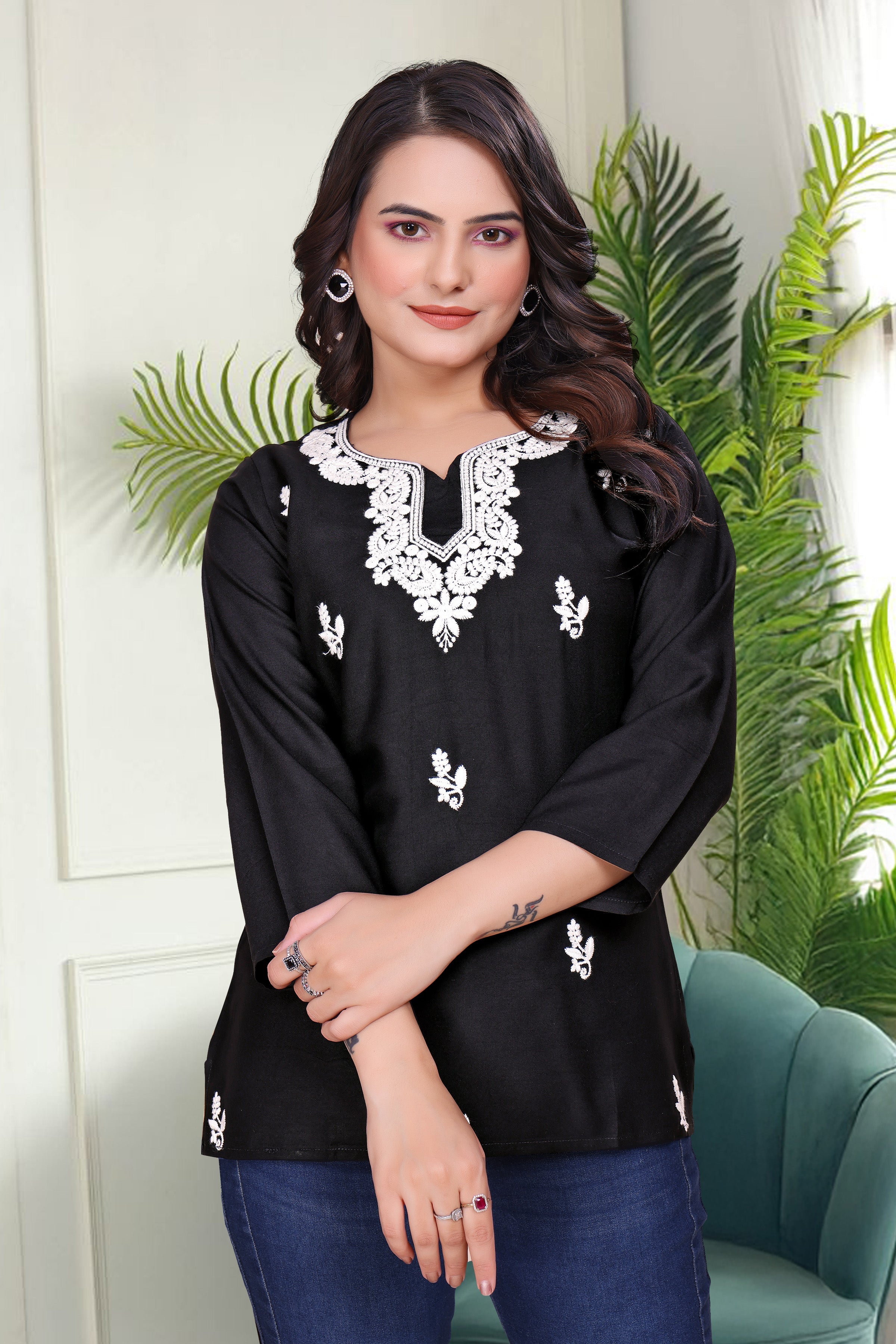 Women's Viscose Rayon Black Floral Embroidery Tunic