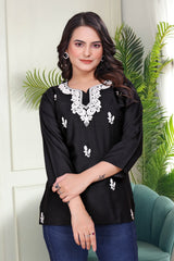 Women's Viscose Rayon Black Floral Embroidery Tunic-AVT-TUNIC4-Black
