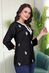 Women's Viscose Rayon Black Floral Embroidery Tunic-AVT-TUNIC4-Black