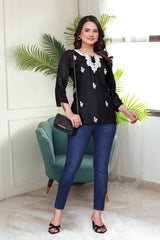 Women's Viscose Rayon Black Floral Embroidery Tunic-AVT-TUNIC4-Black