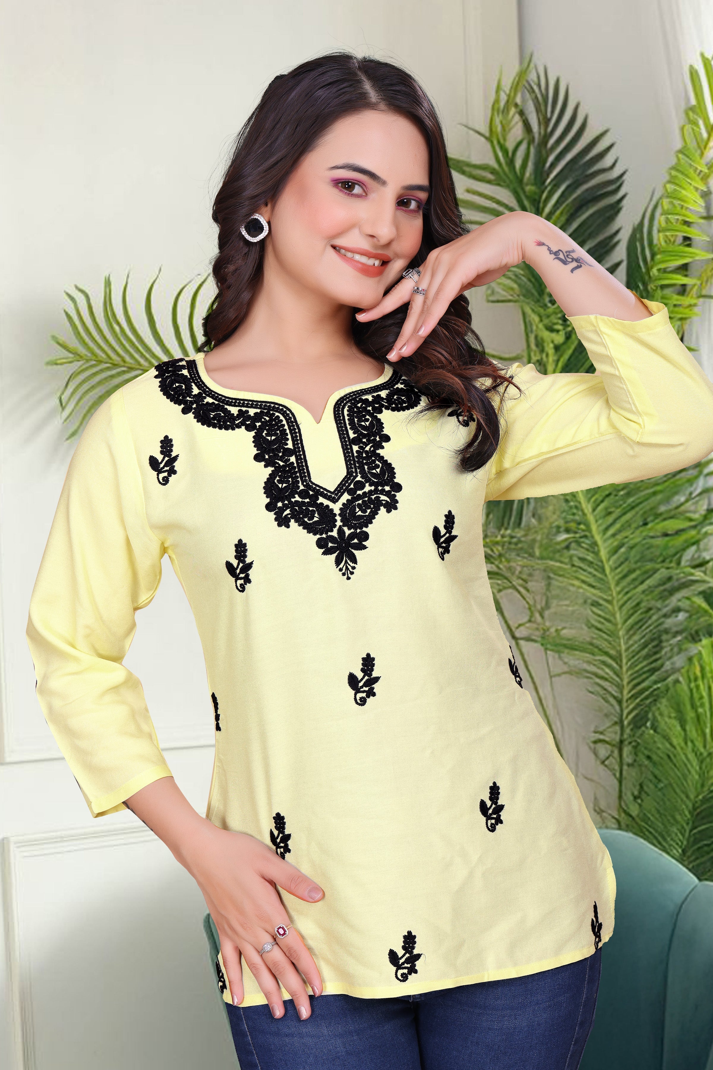 Women's Viscose Rayon Yellow Floral Embroidery Tunic