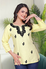 Women's Viscose Rayon Yellow Floral Embroidery Tunic-AVT-TUNIC5-Yellow