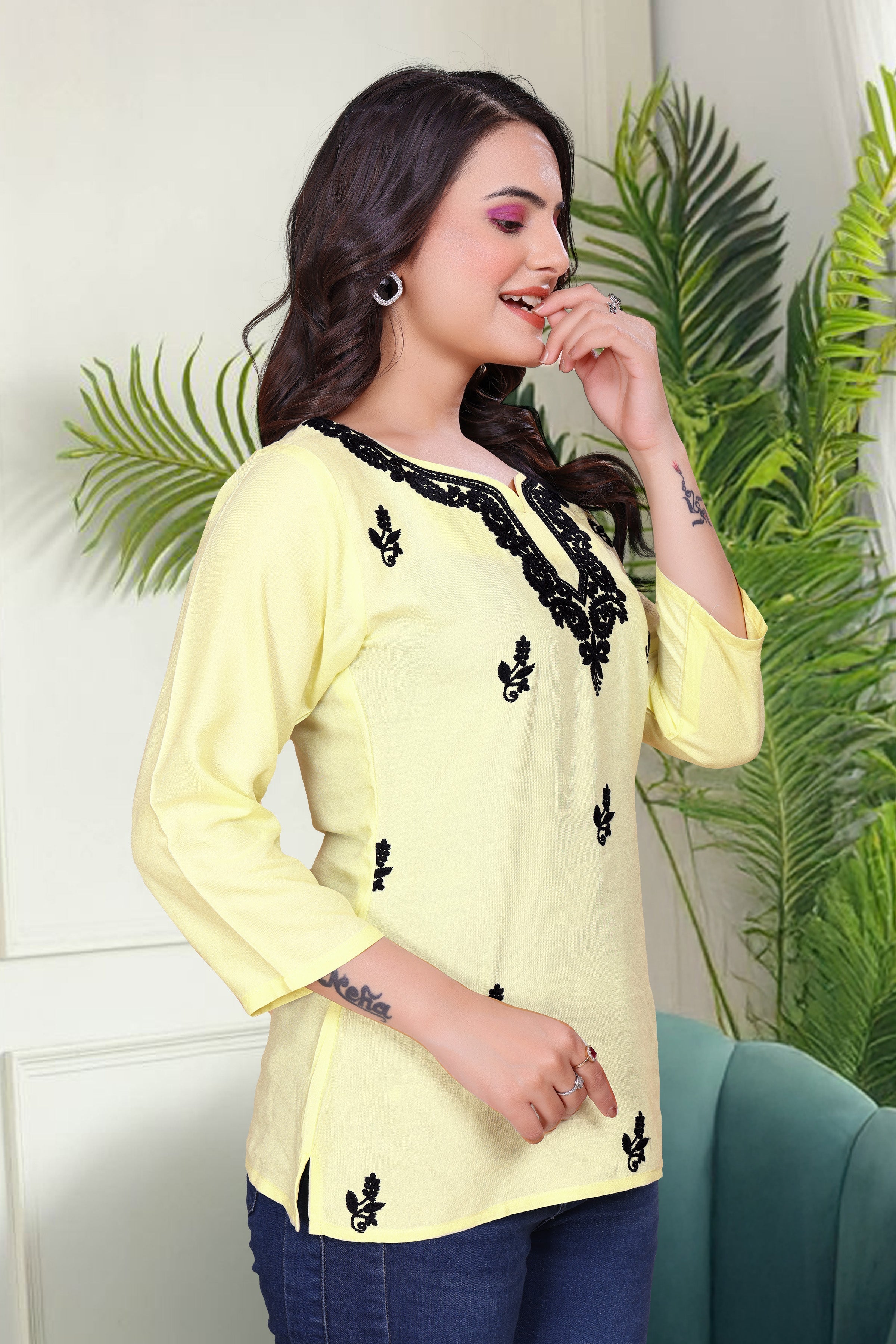 Women's Viscose Rayon Yellow Floral Embroidery Tunic