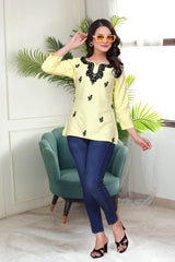 Women's Viscose Rayon Yellow Floral Embroidery Tunic-AVT-TUNIC5-Yellow