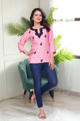 Women's Viscose Rayon Pink Floral Embroidery Tunic-AVT-TUNIC6-Pink