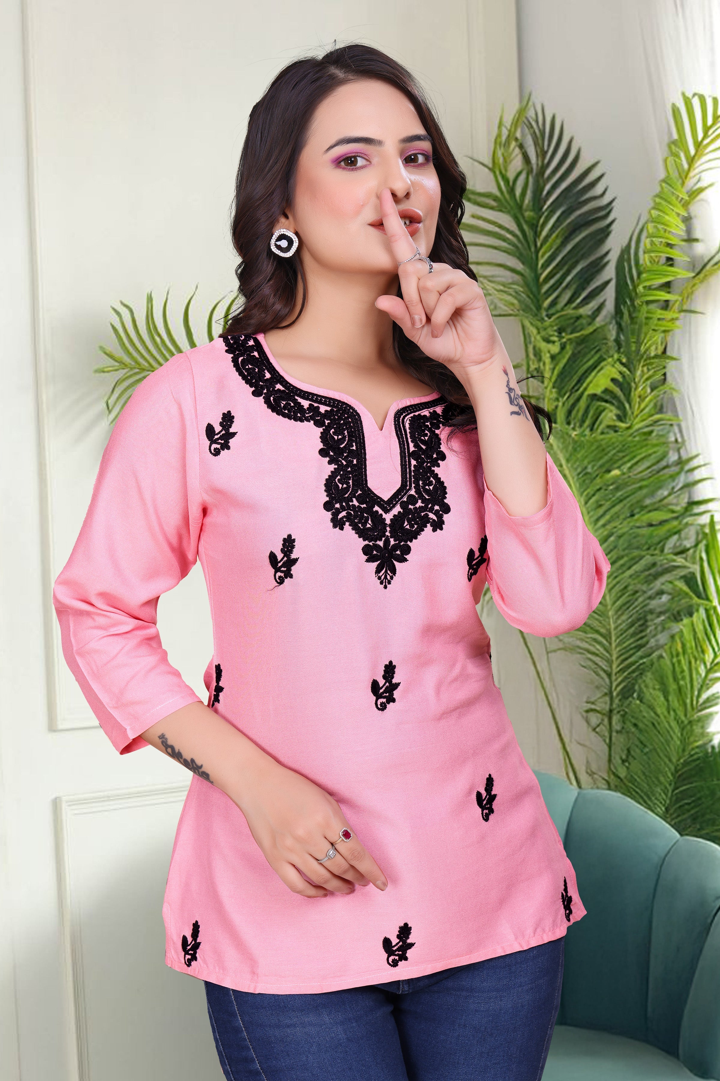 Women's Viscose Rayon Pink Floral Embroidery Tunic