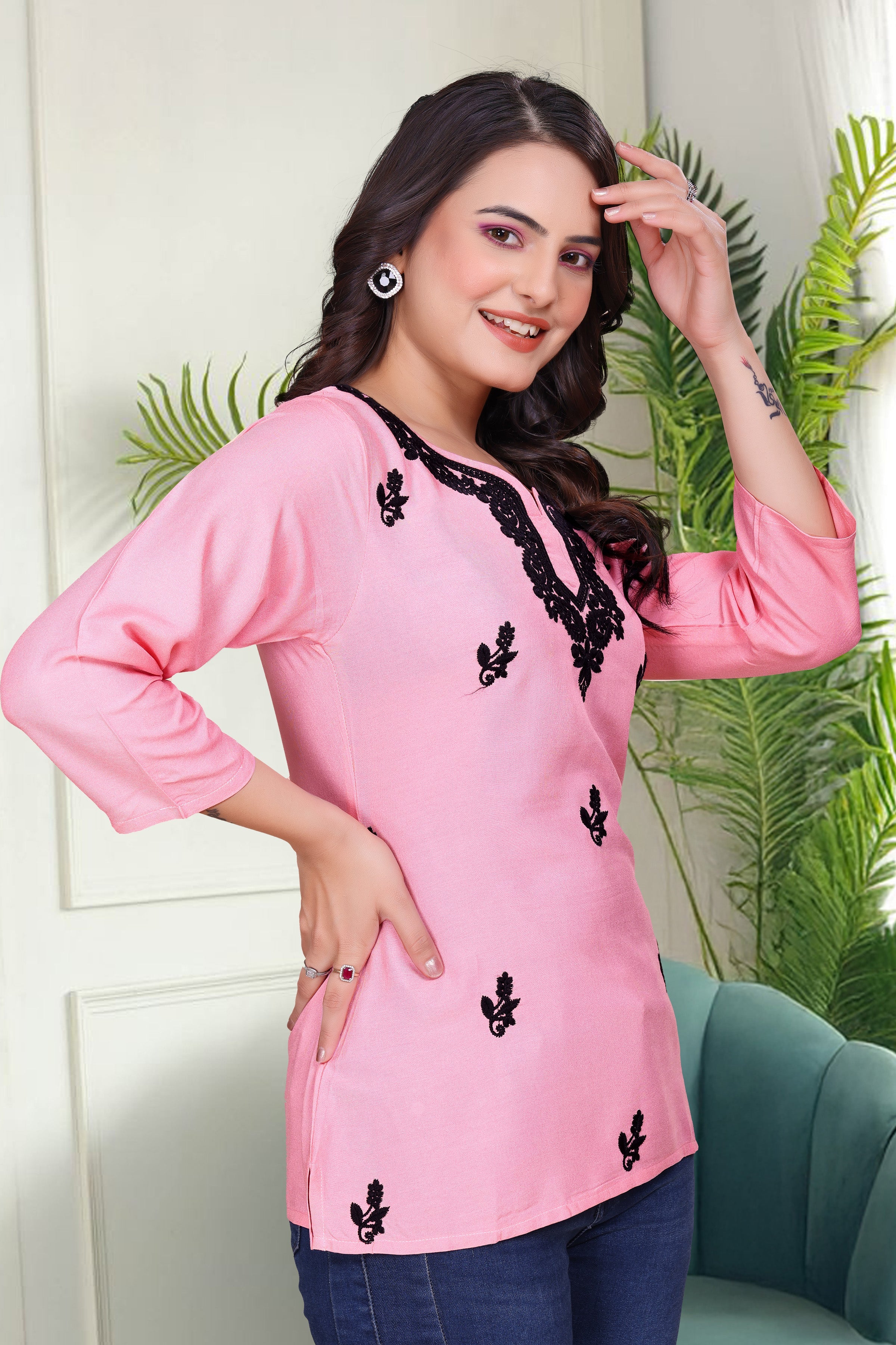 Women's Viscose Rayon Pink Floral Embroidery Tunic