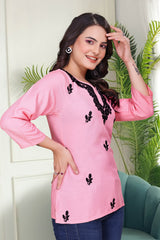 Women's Viscose Rayon Pink Floral Embroidery Tunic-AVT-TUNIC6-Pink