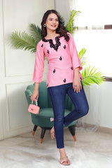 Women's Viscose Rayon Pink Floral Embroidery Tunic-AVT-TUNIC6-Pink