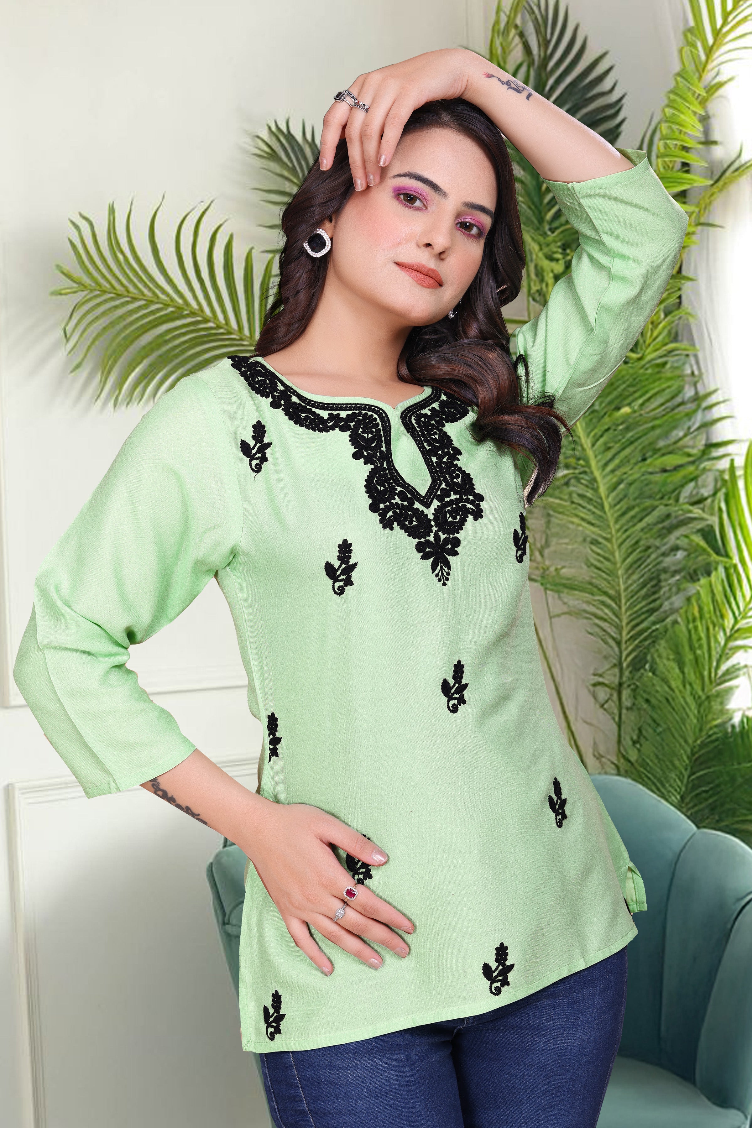 Women's Viscose Rayon Pista Floral Embroidery Tunic