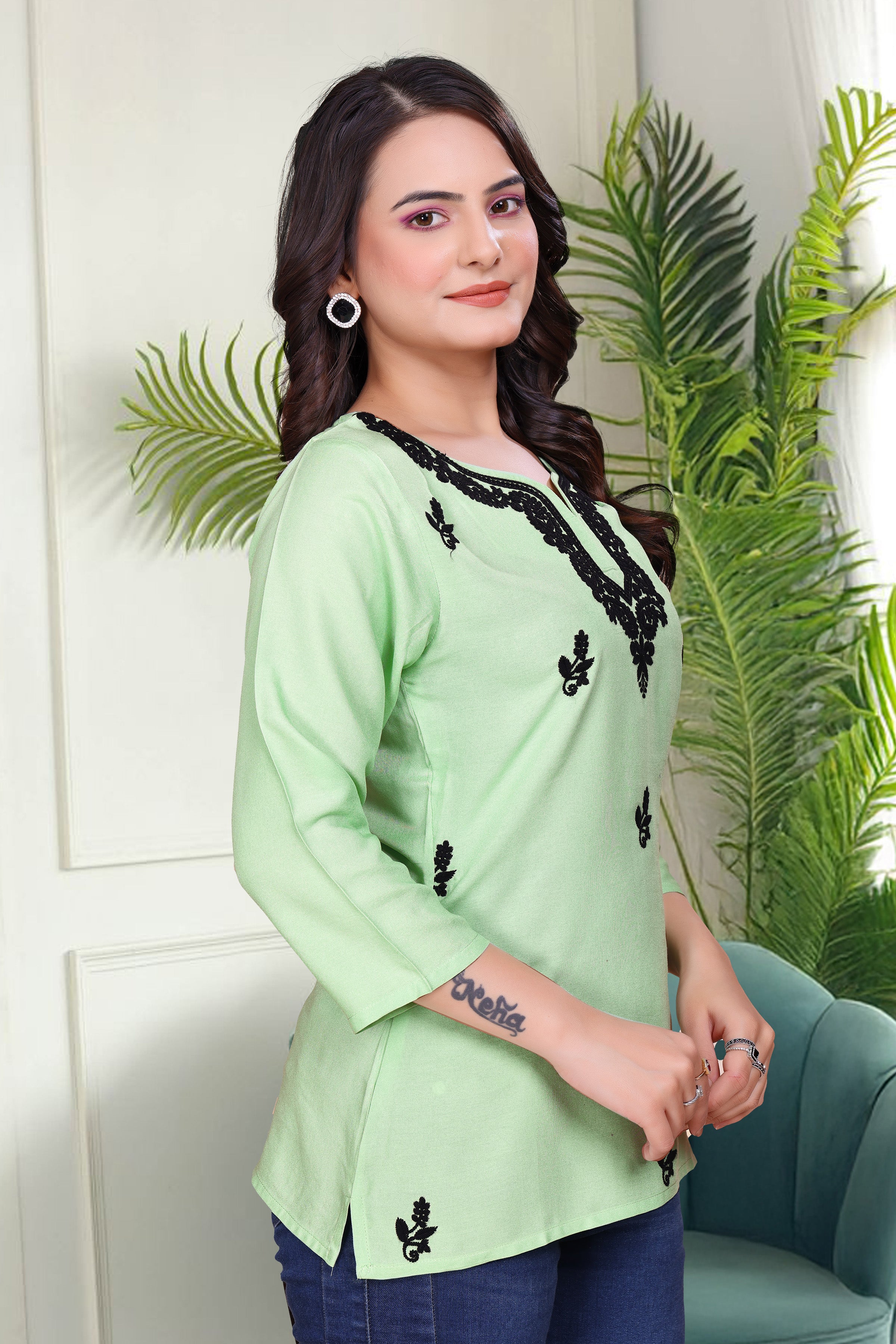 Women's Viscose Rayon Pista Floral Embroidery Tunic