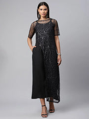 Black Crepe & Net Glitter Print Jumpsuit-AHJSNTGL-939-FF