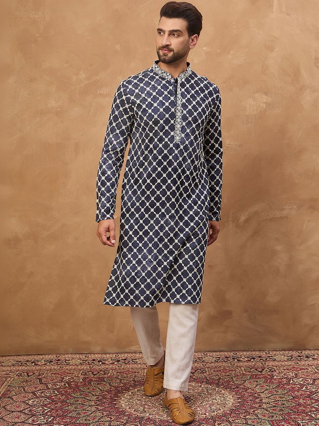 Ethnic Bay Men Blue Viscose Rayon Shibori Embroidered Straight Kurta With Pant Set-MKSET1534