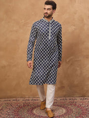 Ethnic Bay Men Blue Viscose Rayon Shibori Embroidered Straight Kurta With Pant Set-MKSET1534