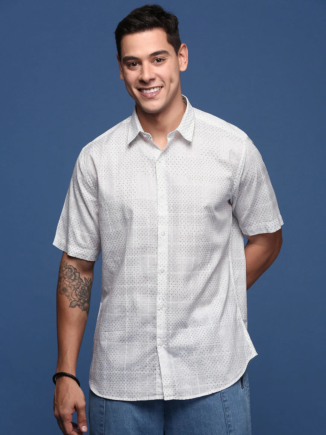 Micro Print Slim Fit Mens Shirt - White Cotton Printed Shirt