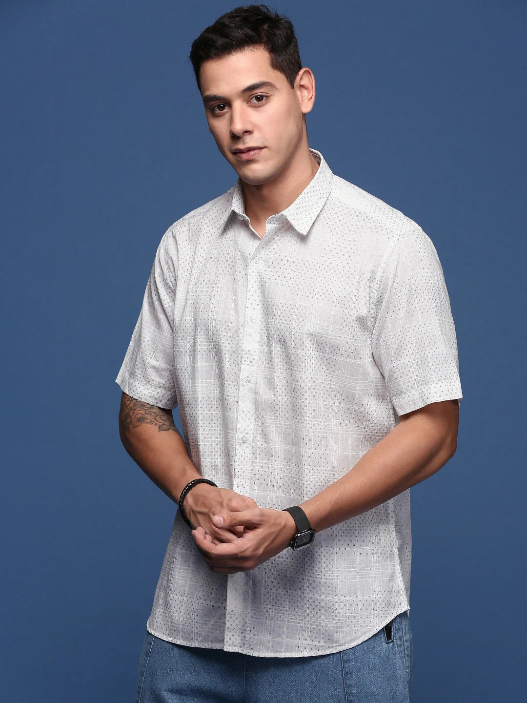 Micro Print Slim Fit Mens Shirt - White Cotton Printed Shirt