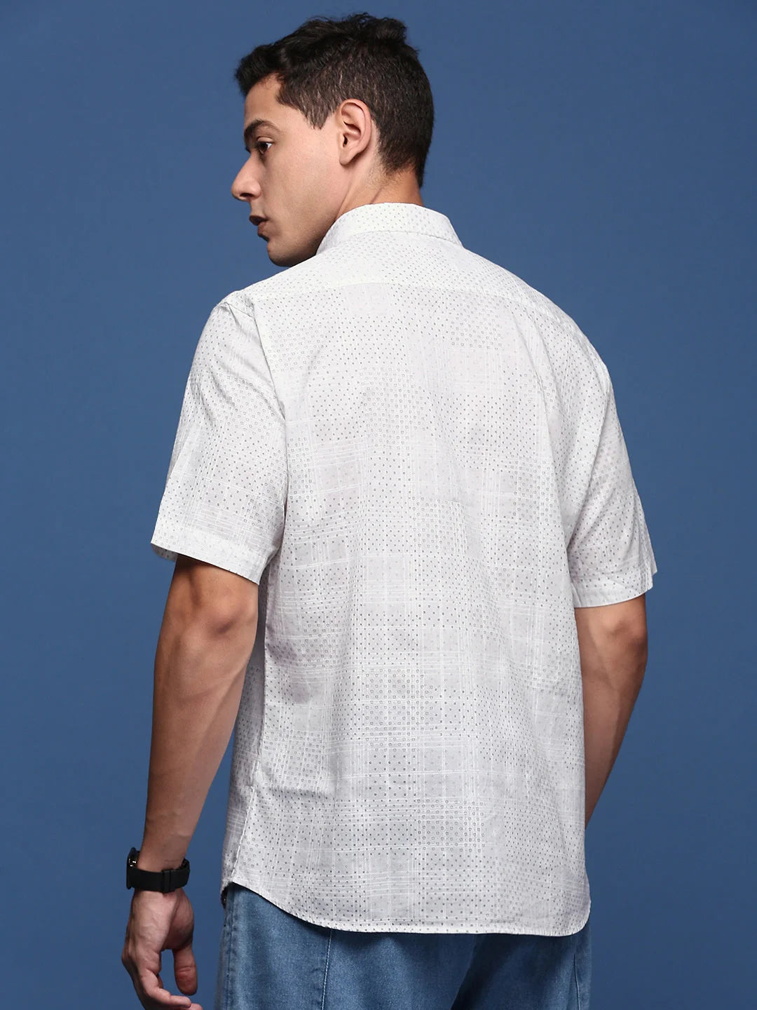 Micro Print Slim Fit Mens Shirt - White Cotton Printed Shirt