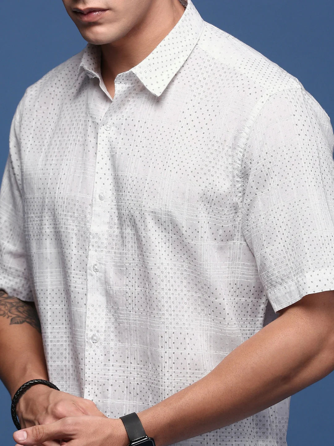 Micro Print Slim Fit Mens Shirt - White Cotton Printed Shirt