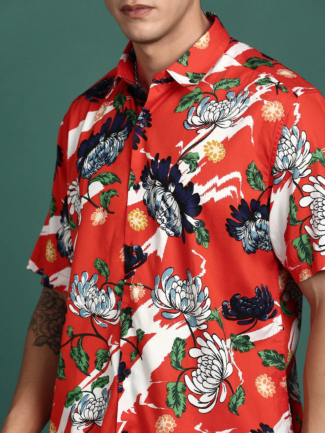 Floral Orange Slim Fit Mens Shirt - Cotton Printed Shirt DesiQlo