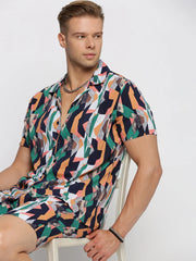 Men Black Cuban Collar Printed Over Sized Co-ords Set-ABOMASUM-1811-Black