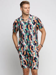 Men Black Cuban Collar Printed Over Sized Co-ords Set-ABOMASUM-1811-Black