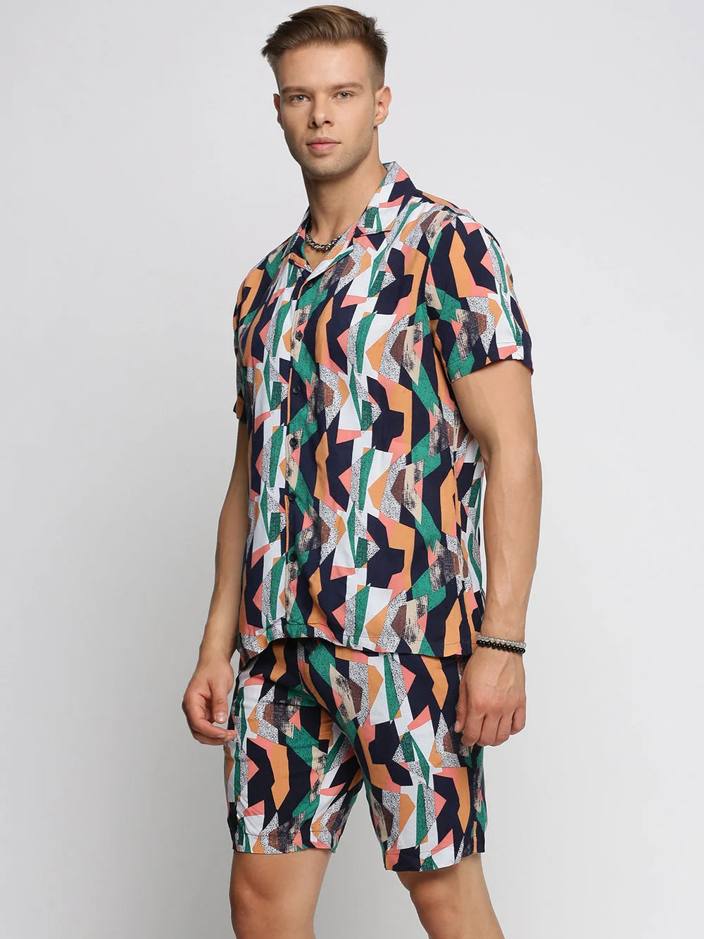 Men's Black Printed Co Ord Set | Cuban Collar, Cotton Fabric