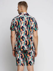 Men Black Cuban Collar Printed Over Sized Co-ords Set-ABOMASUM-1811-Black
