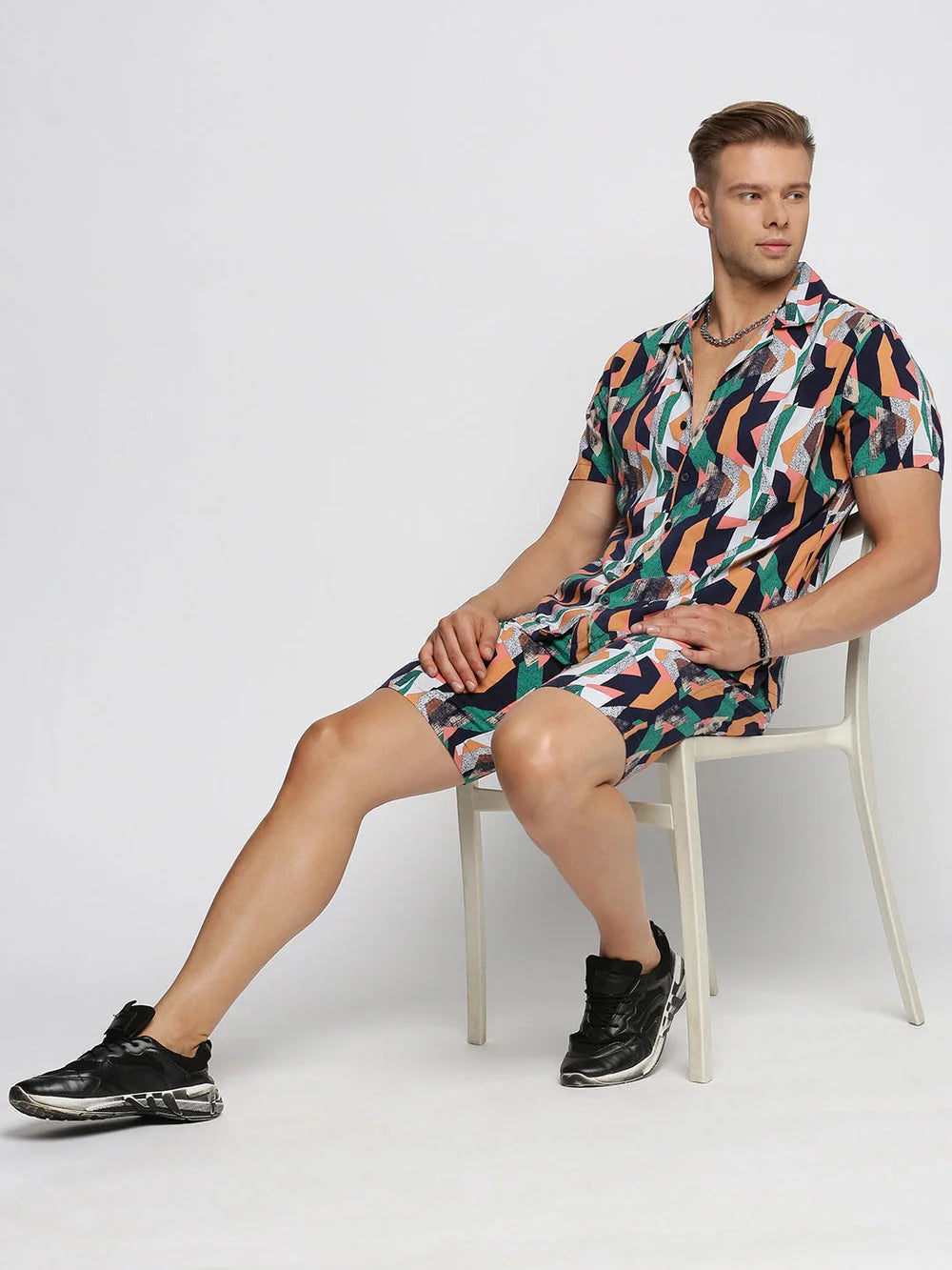 Men's Black Printed Co Ord Set | Cuban Collar, Cotton Fabric