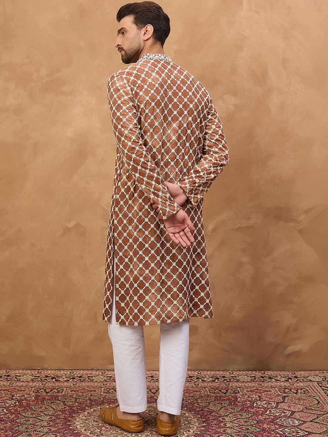 Ethnic Bay Men Brown Viscose Rayon Solid Embroidered Straight Kurta With Pant Set-MKSET1535