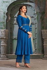 Powder Blue Flared Anarkali Kurta Set with Trousers and Dupatta-CL-KPD-136