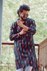 Men Black Woven Design Ikkat Straight Kurta Only ( KO 615 Black )-KO-615