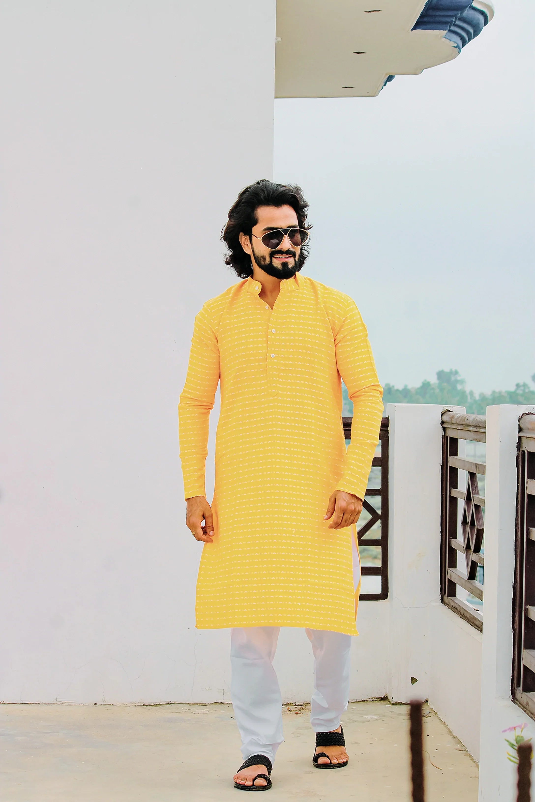 Yellow Woven Design Men's Kurta | Indian Kurta for Men