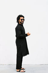 Men's Black Solid Cotton Kurta Payjama Set