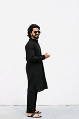 Men's Black Solid Cotton Kurta Only