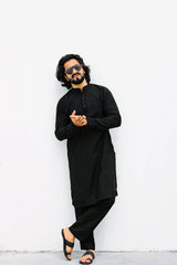 Men's Black Solid Cotton Kurta Only