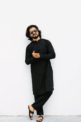 Men's Black Solid Cotton Kurta Only