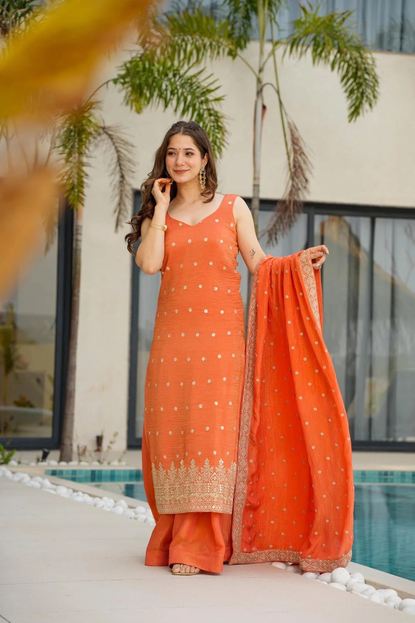 Georgette Kurta Set for Women - Orange | MLWSHKS8877ORG | DesiQlo