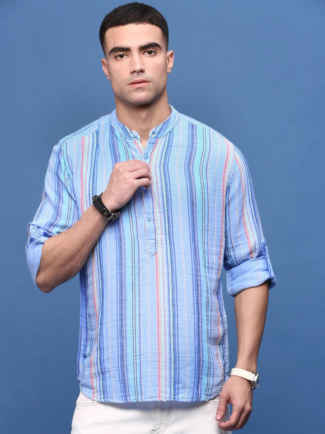 Blue Striped Mens Kurta | Slim Fit Kurta Pajama Set by Showoff